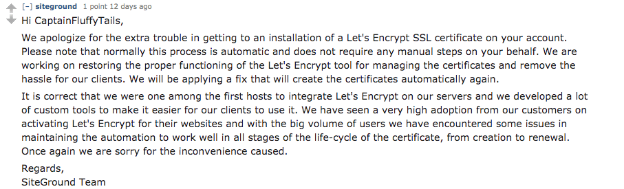 SiteGround requires manual intervention to install LetsEncrypt cert