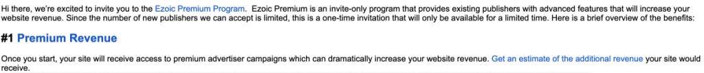 Ezoic Premium Program Invitation